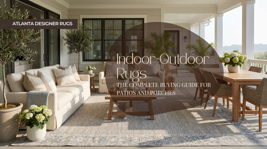 Indoor-Outdoor Rugs buying guide thumbnail showing a premium covered patio and porch with a stylish flatweave rug, elegant lounge seating, and natural light