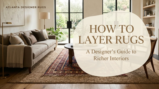 How to Layer Rugs in a premium living room with a natural fiber base rug and vintage kilim top layer