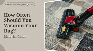 Vacuum cleaner head cleaning a patterned area rug, illustrating how often to vacuum based on rug material and care needs.