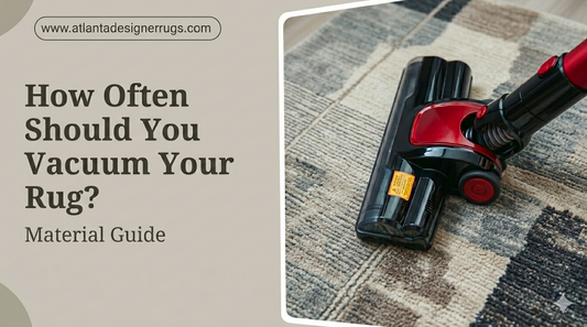 Vacuum cleaner head cleaning a patterned area rug, illustrating how often to vacuum based on rug material and care needs.
