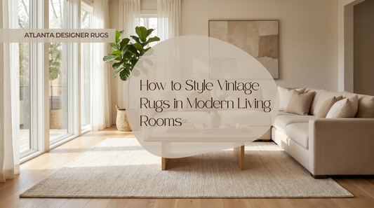 vintage rug in a bright modern living room with soft beige seating and layered neutral styling