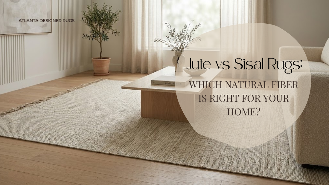 Jute vs Sisal Rugs in a modern living room with natural woven rug texture and neutral decor