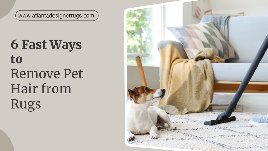 Dog resting on a light-colored rug while a vacuum cleans pet hair, illustrating how to remove pet hair from rugs safely.