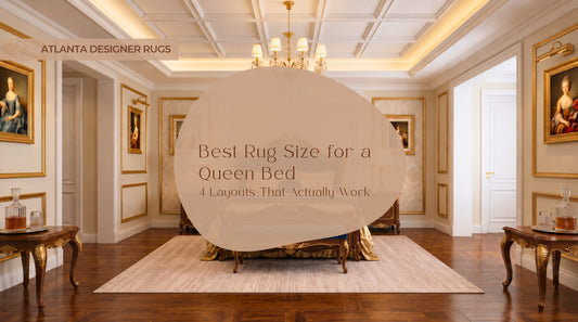 Best Rug Size for a Queen Bed featuring Feizy Deja 39PJF Beige rug under an elegant queen bed
