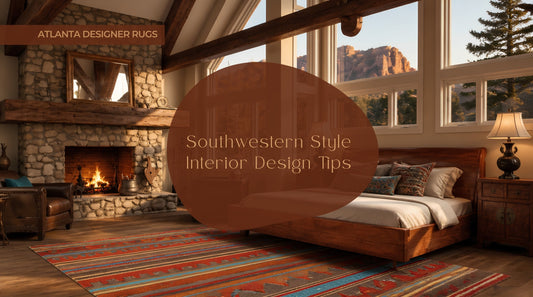 Southwestern style interior design tips thumbnail featuring the Artisan Kim WJ-900 Multi kilim rug in a stone fireplace bedroom with mountain views