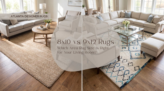 what size area rug works best in a living room 8x10 vs 9x12 guide thumbnail with Surya Masterpiece MPC-2302 Beige Global Machine Woven Rug on the left and Momeni Margaux MGX-3 Ivory Contemporary Table Tufted Rug on the right