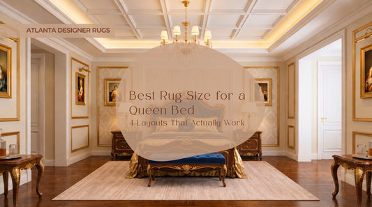 Best Rug Size for a Queen Bed featuring Feizy Deja 39PJF Beige rug under an elegant queen bed