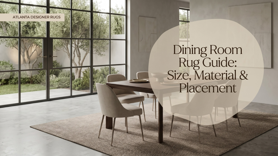 Dining Room Rug Guide hero image showing a premium modern dining room with a large area rug and elegant natural lighting