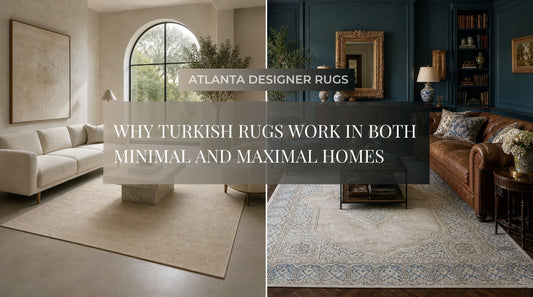 Turkish Rugs in minimal and maximal homes collage featuring a neutral Oushak rug and an ivory blue vintage rug in premium interiors