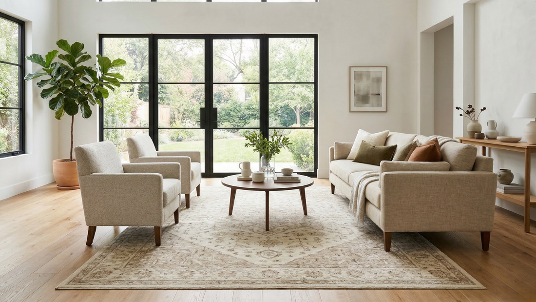 Living Room Rug size guide featuring neutral 8x10 area rug under sofa and coffee table in a modern beige living room layout