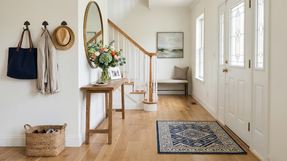Small Entryway Rugs in a bright foyer with geometric patterned rug on hardwood floor near front door and wooden console table