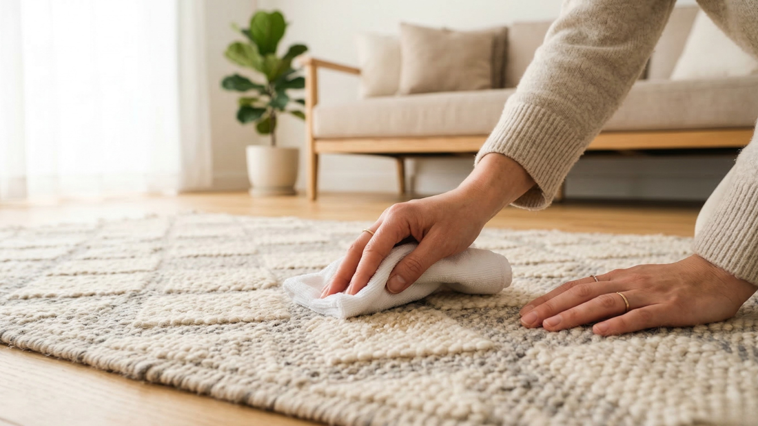 How to Clean Rugs – step-by-step guide showing vacuuming, spot cleaning, washing, and drying different types of rugs