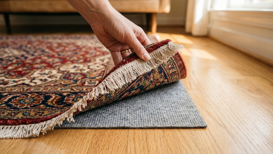 How to stop rug from sliding – applying non-slip rug pad tape under area rug on hardwood floor