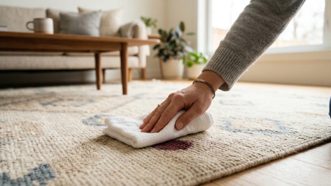 Removing common stains from a rug by blotting a spill with a clean cloth.