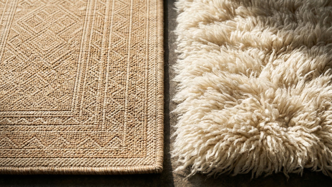 Low-Pile vs High-Pile Rugs comparison showing flat low-pile texture beside plush high-pile rug fibers