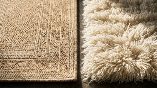 Low-Pile vs High-Pile Rugs comparison showing flat low-pile texture beside plush high-pile rug fibers