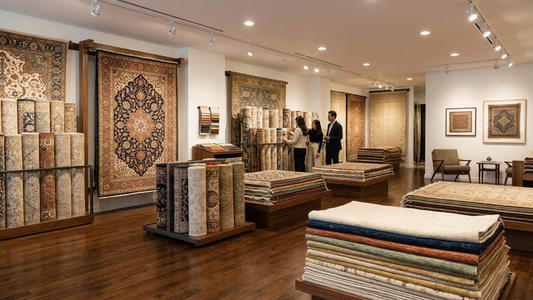 Rug shopping inside Atlanta Designer Rugs showroom with multiple area rugs on display