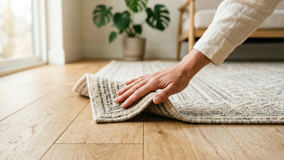 Close-up of curling rug edges lifting on hardwood floor with rug pad underneath