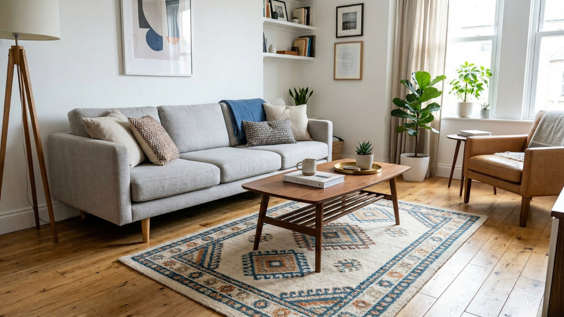 Living room example showing rug placement mistakes with small area rug under furniture making the room look smaller