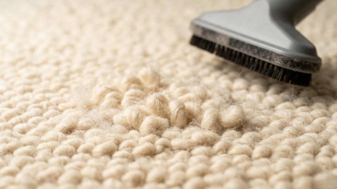 Wool rug shedding loose fibers from the backing.