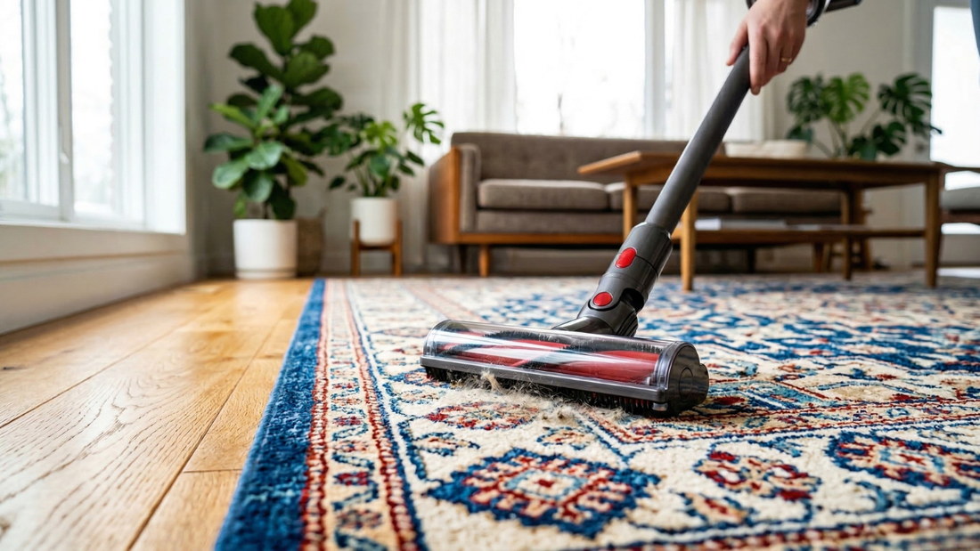 Vacuum cleaner head cleaning a patterned area rug, illustrating how often to vacuum based on rug material and care needs.