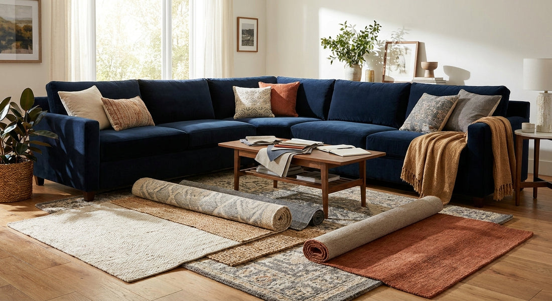 How to pick a rug for a navy blue sofa