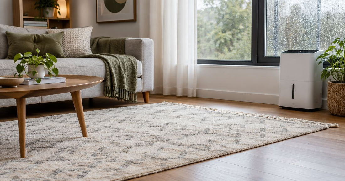 Automatically protect a wool rug when indoor humidity spikes