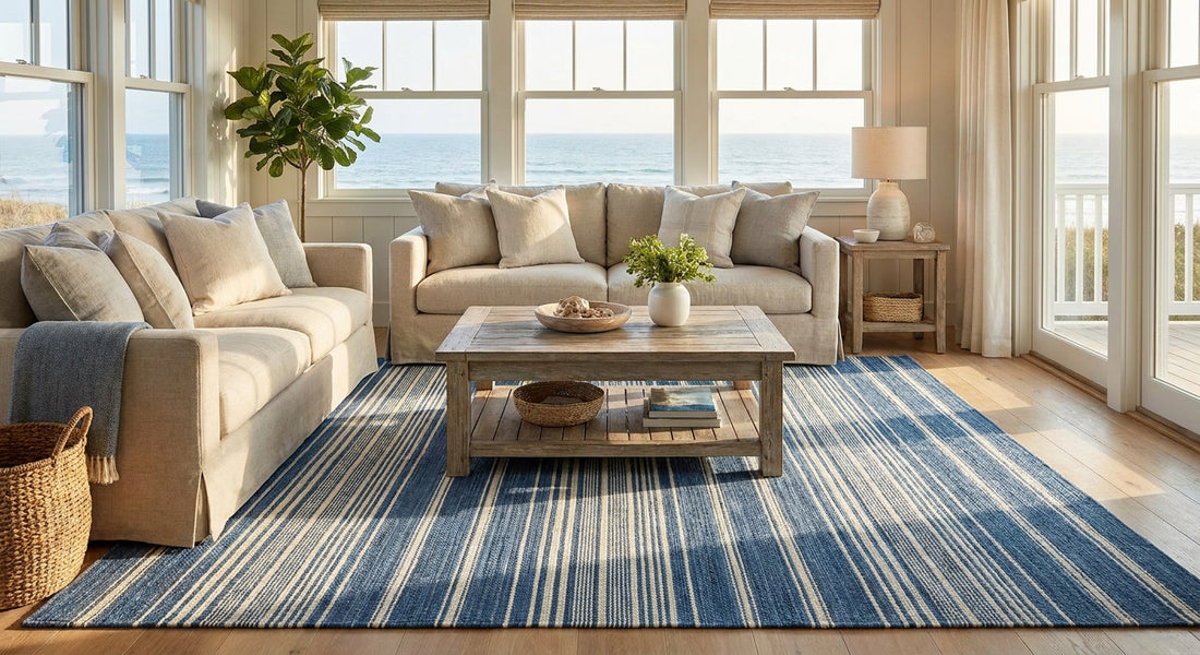 Best coastal rugs for a beach house living room