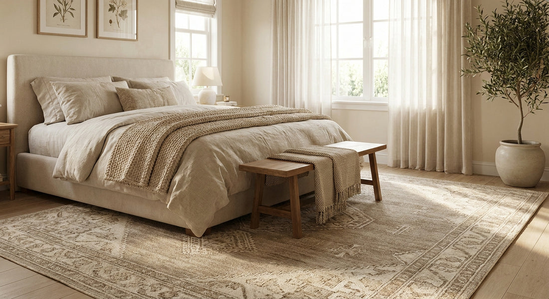 Becki Owens rugs for a neutral bedroom