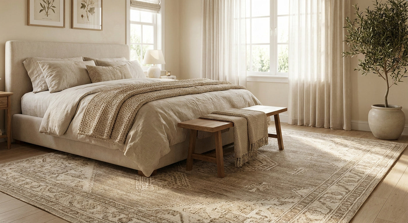 Becki Owens rugs for a neutral bedroom