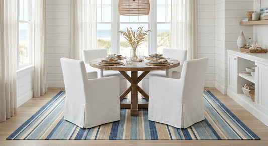 Striped coastal rugs for a casual dining room