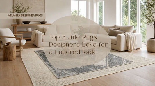  Jute rugs layered in a premium living room with an ivory base rug and patterned Oushak top rug