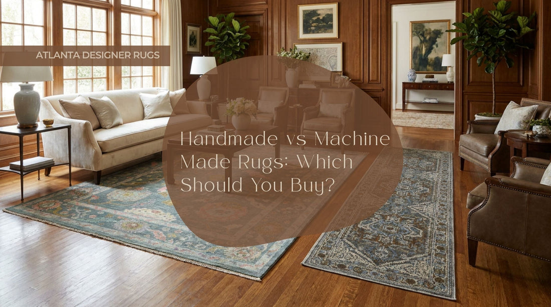 Handmade vs Machine Made Rugs thumbnail featuring Artisan Blossom Blue Traditional Knotted Oushak Rug and Oriental Weavers Ellington ELL05 Blue Multi Traditional Machine Woven Rug in a premium transitional interior