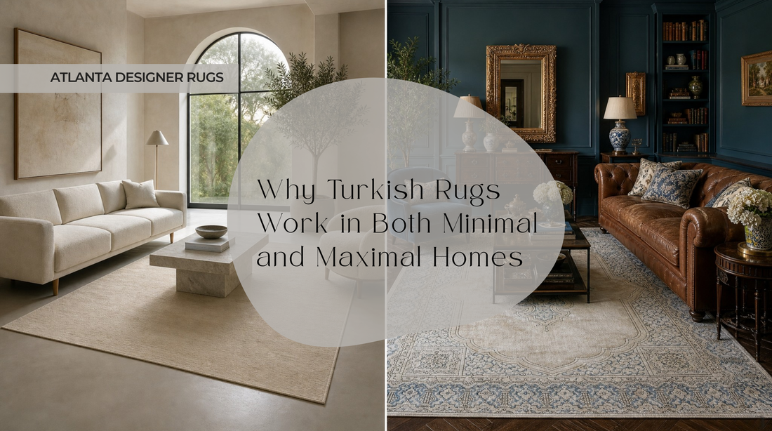 Turkish Rugs in minimal and maximal homes collage featuring a neutral Oushak rug and an ivory blue vintage rug in premium interiors
