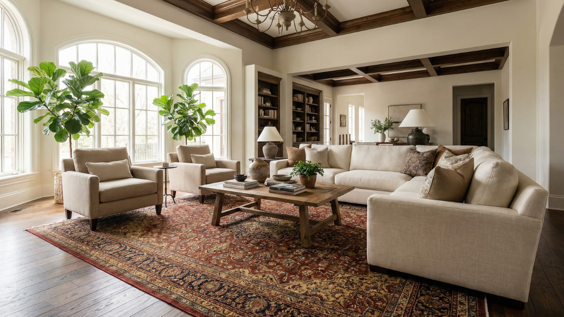 living room rug layout ideas with all furniture legs on rug in a large open living room with sectional sofa and accent chairs