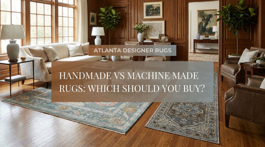 Handmade vs Machine Made Rugs thumbnail featuring Artisan Blossom Blue Traditional Knotted Oushak Rug and Oriental Weavers Ellington ELL05 Blue Multi Traditional Machine Woven Rug in a premium transitional interior