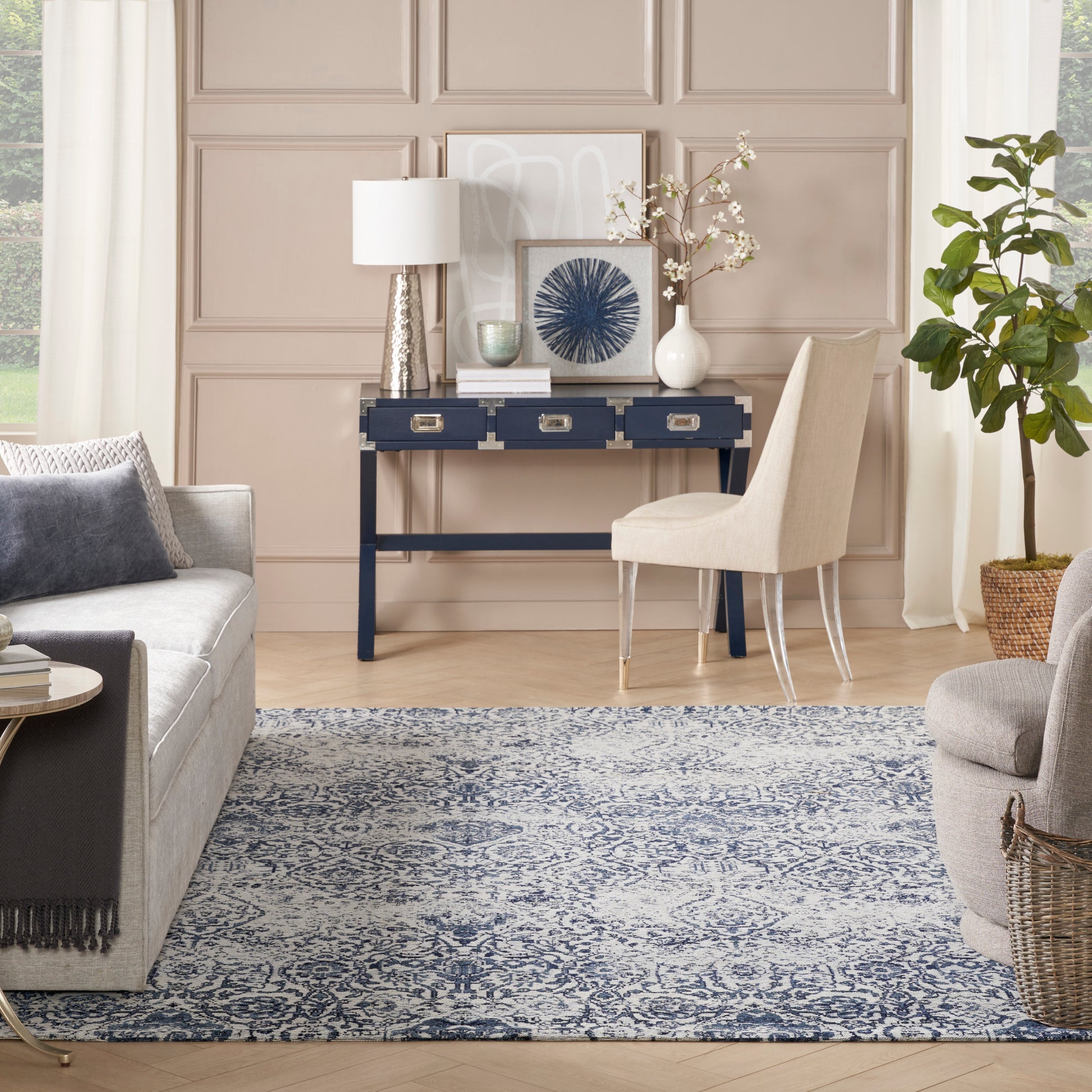 Nourison Home Damask  Ivory Navy  Transitional