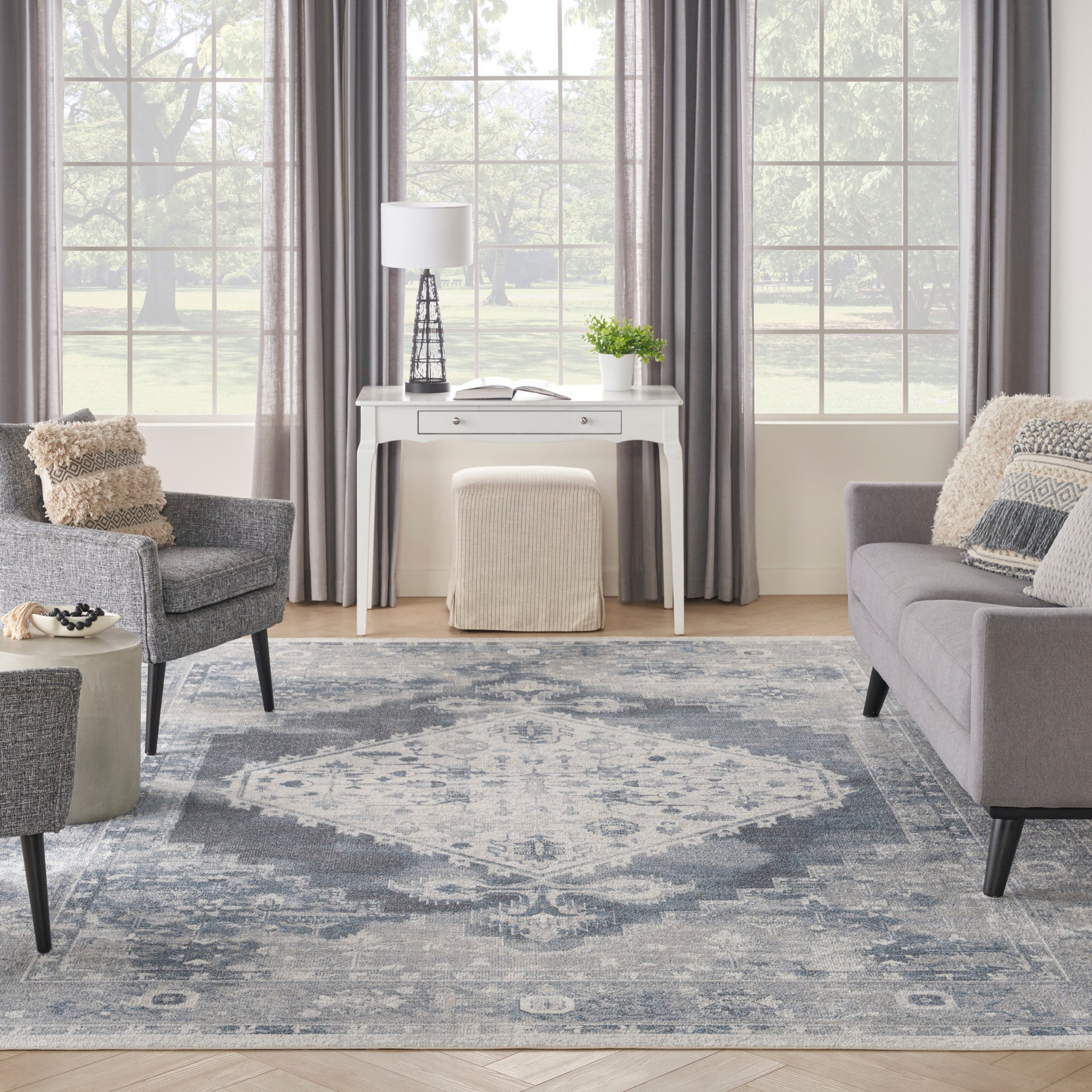 Nourison Home Astra Machine Washable  Blue Ivory  Traditional