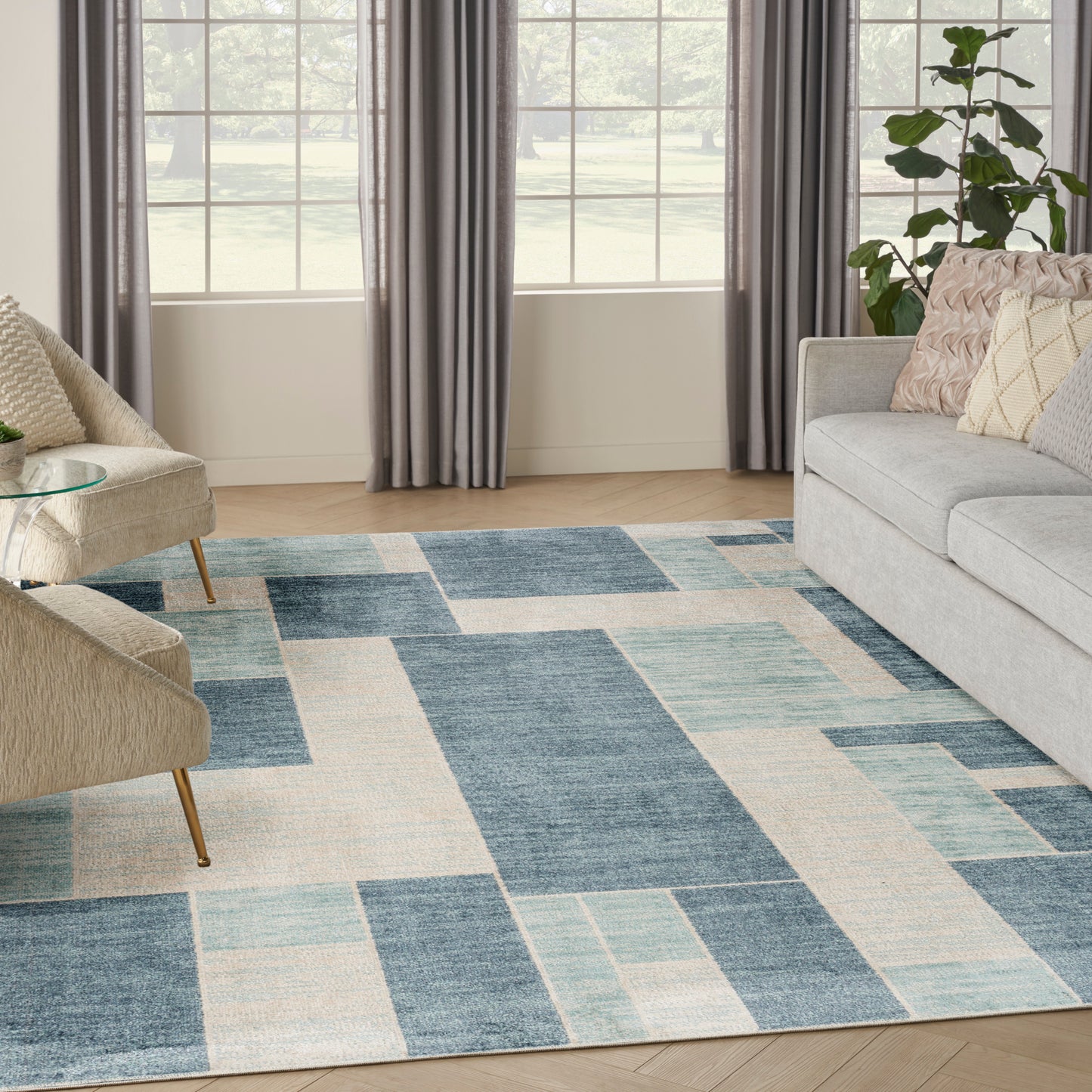 Nourison Home Astra Machine Washable  Blue Ivory  Contemporary