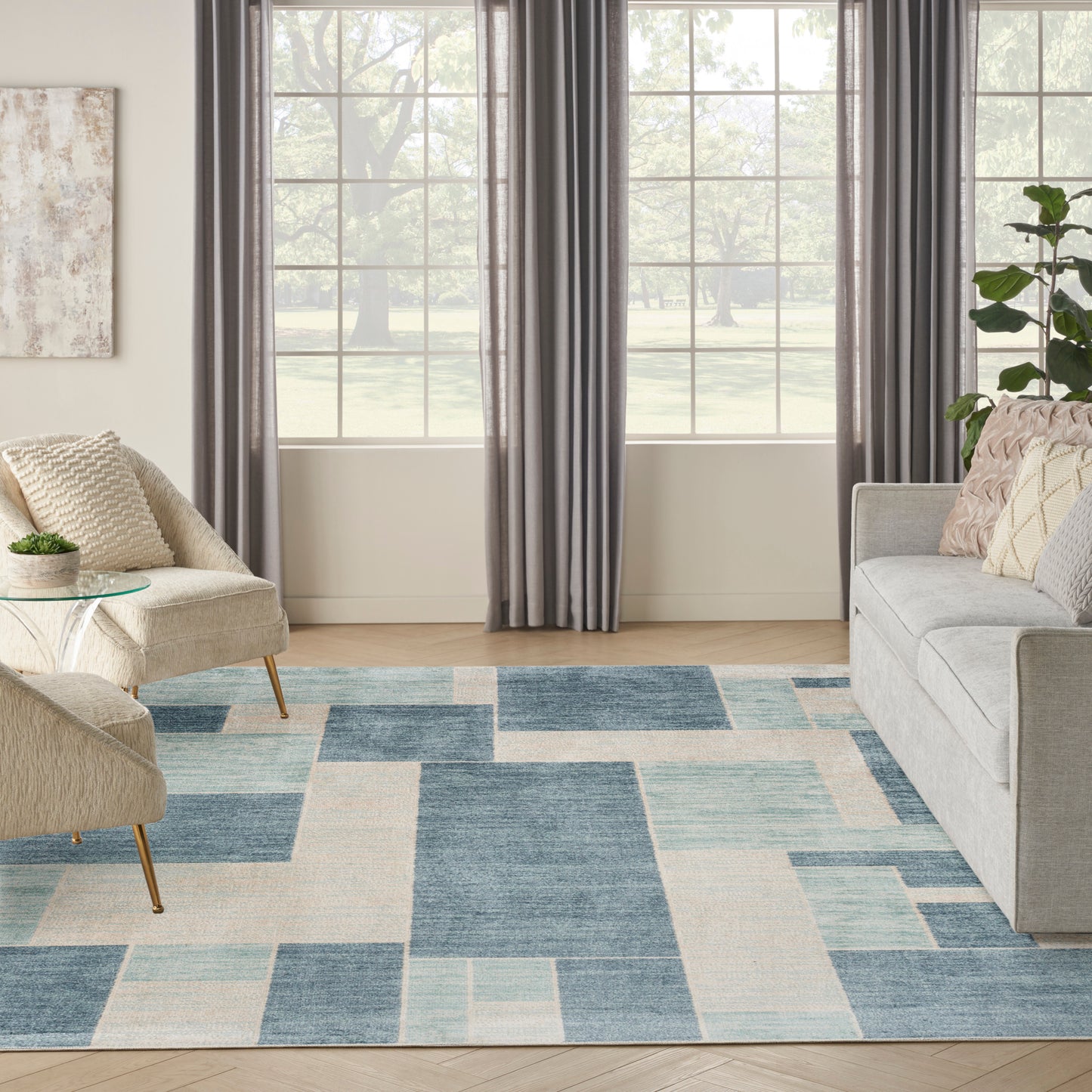 Nourison Home Astra Machine Washable  Blue Ivory  Contemporary