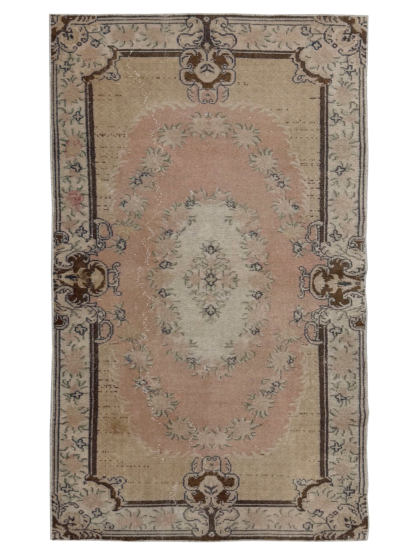 Artisan Angelina Lt. Gold Vintage Knotted Rug full view showing geometric Anatolian patterns
