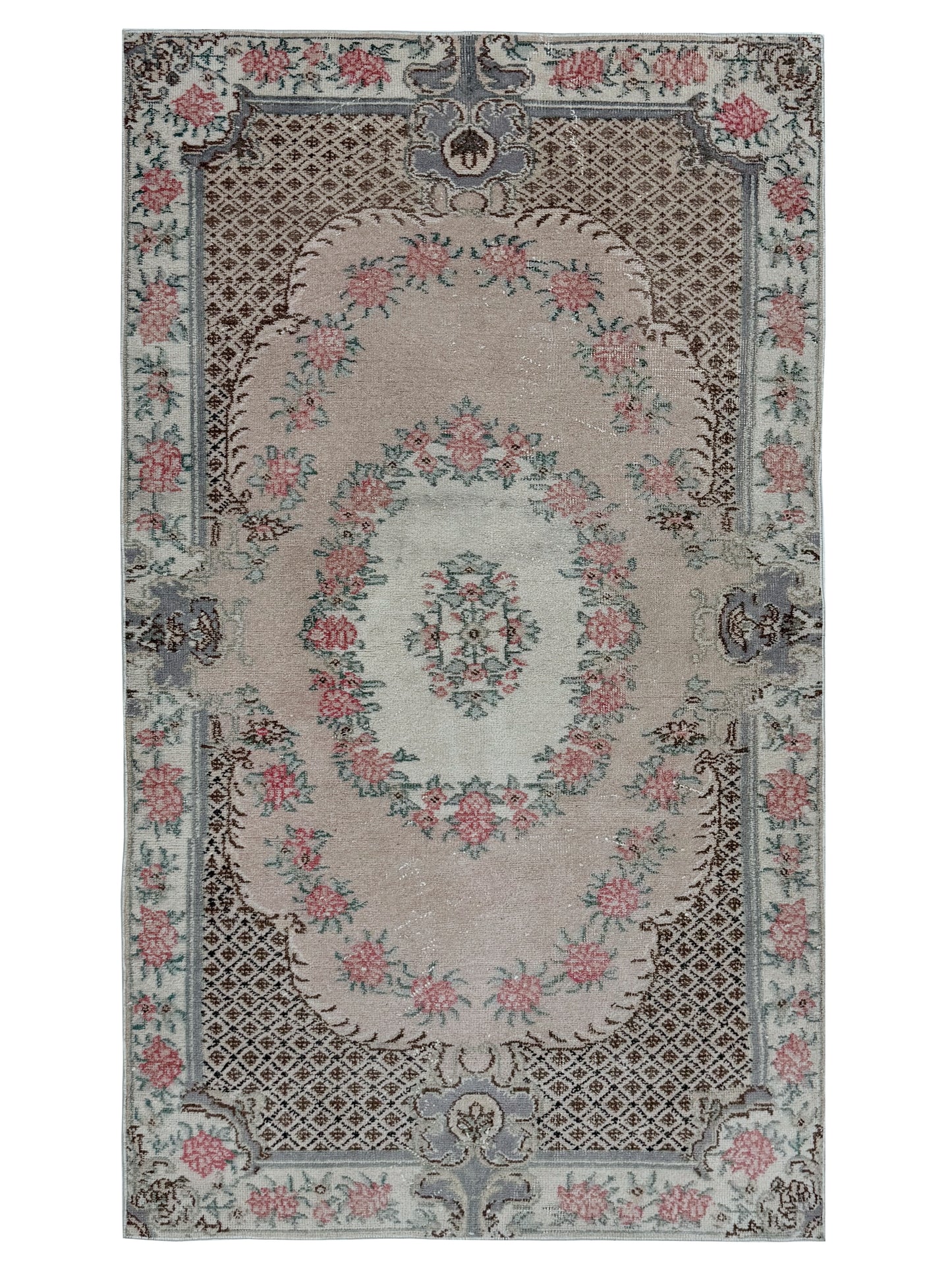 Artisan Angelina Coral Vintage Knotted Rug overhead view showing geometric Anatolian patterns