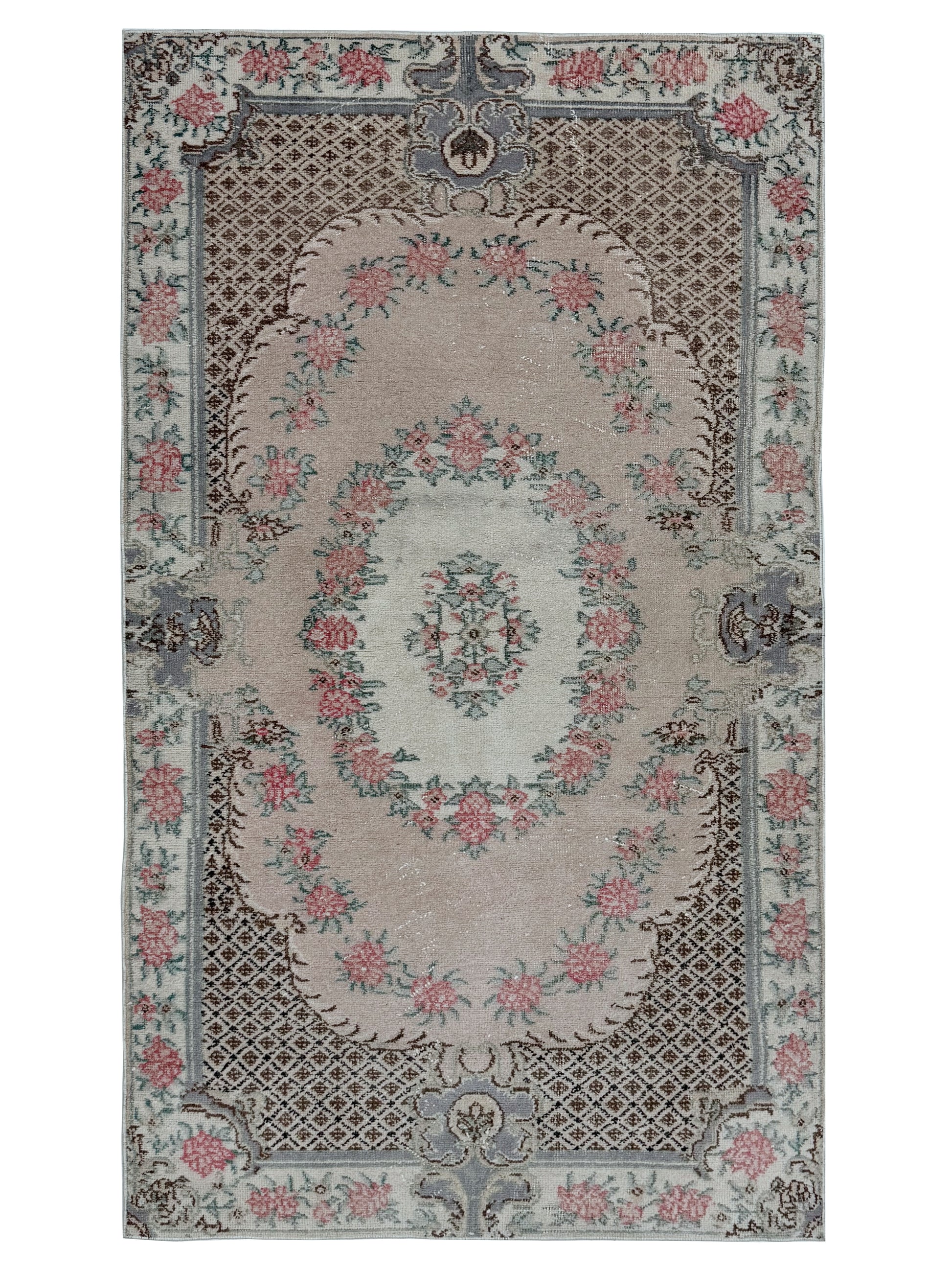 Artisan Angelina Coral Vintage Knotted Rug overhead view showing geometric Anatolian patterns
