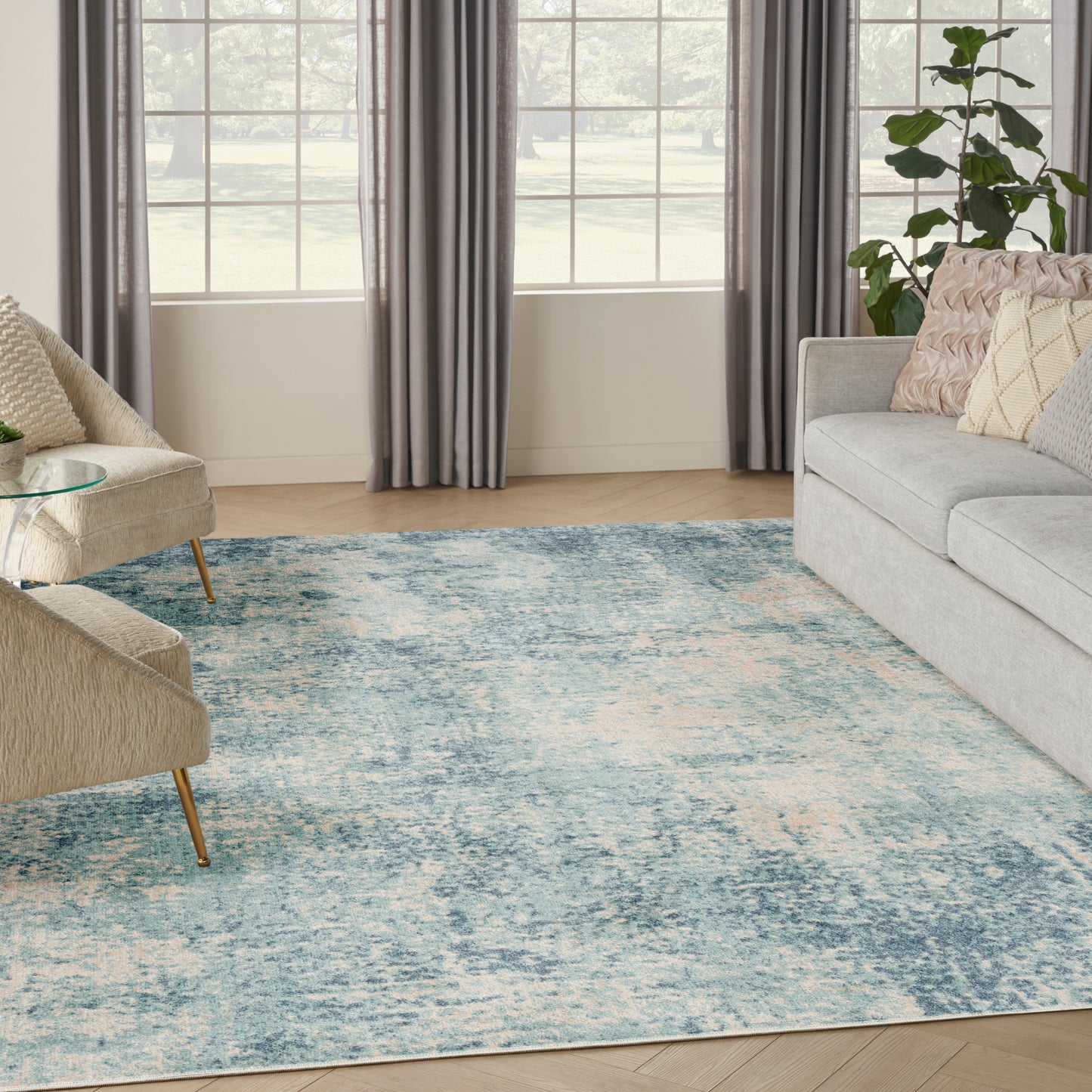 Nourison Home Astra Machine Washable  Blue Ivory  Contemporary