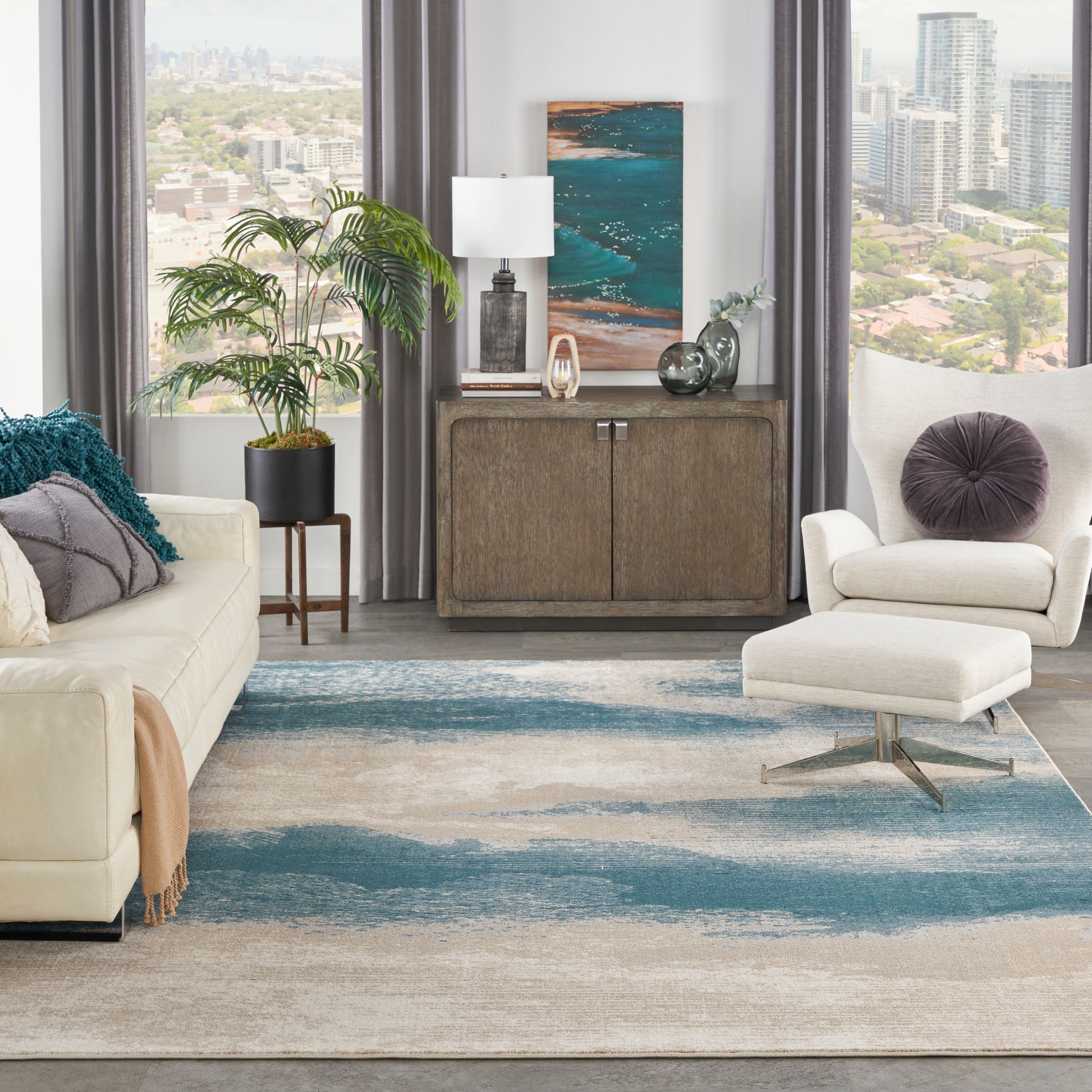 Nourison Home Maxell  Ivory Teal  Contemporary