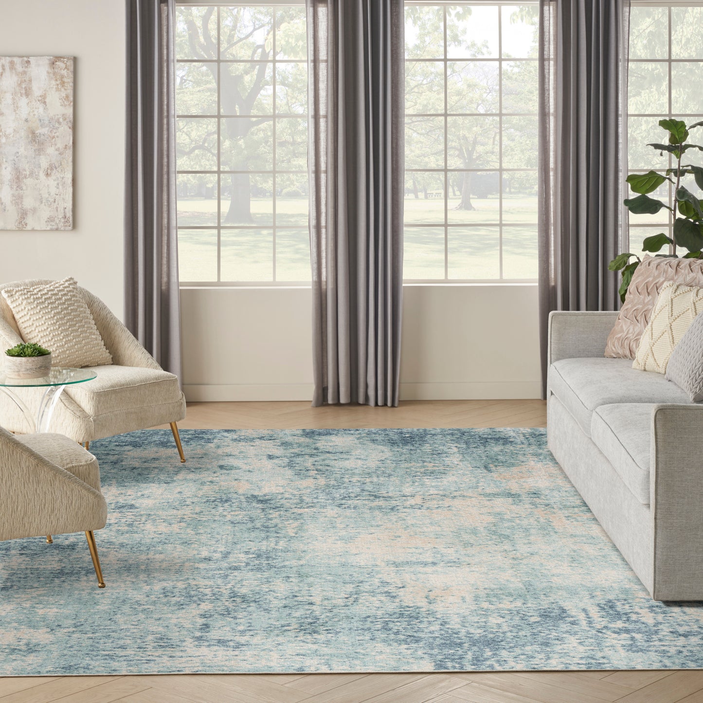 Nourison Home Astra Machine Washable  Blue Ivory  Contemporary
