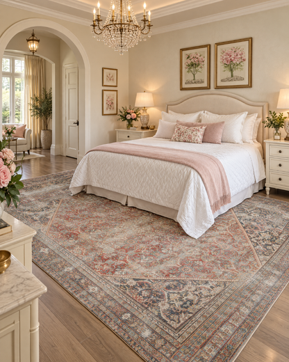 Amber Lewis x Loloi Georgie GER-01 Red Navy Bedroom — Red and navy area rug in a bedroom.