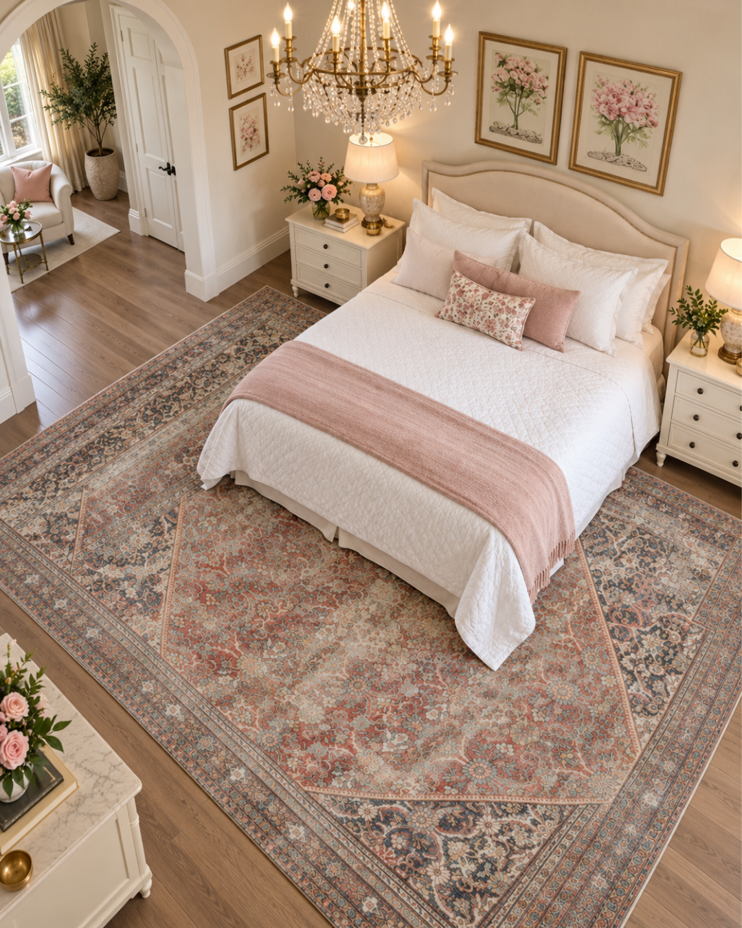 Amber Lewis x Loloi Georgie GER-01 Red Navy Bedroom Overhead Shot — Overhead view of a red and navy area rug in a bedroom.