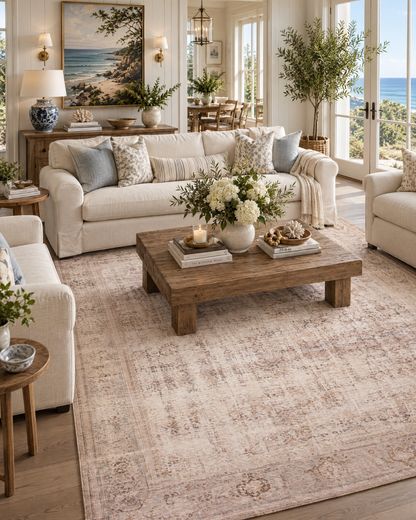 Amber Lewis x Loloi Georgie GER-02 Ocean Sand Living Room — Ocean sand area rug in a living room.