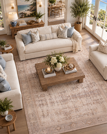 Amber Lewis x Loloi Georgie GER-02 Ocean Sand Living Room Overhead Shot — Overhead view of an ocean sand area rug in a living room.